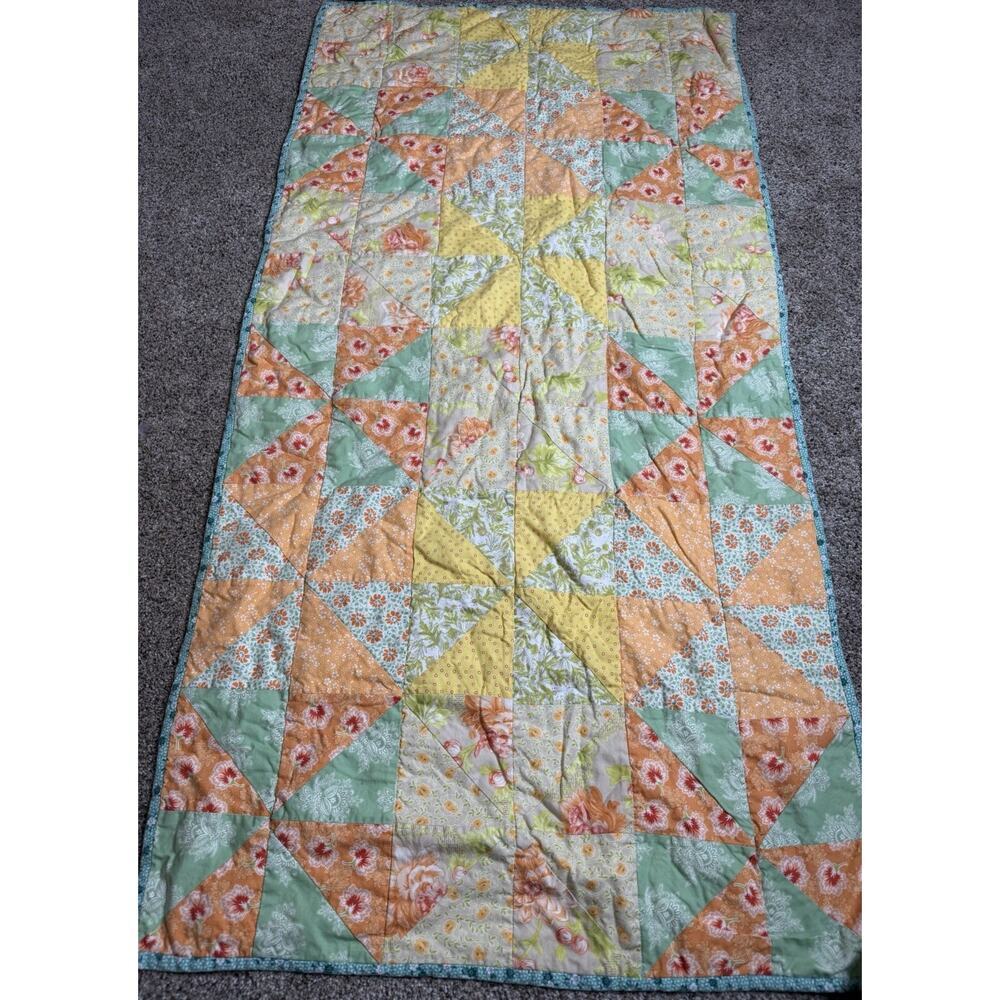 Handmade Pinwheel Lap Quilt Throw Blanket Floral Orange Green 54in X 27in
